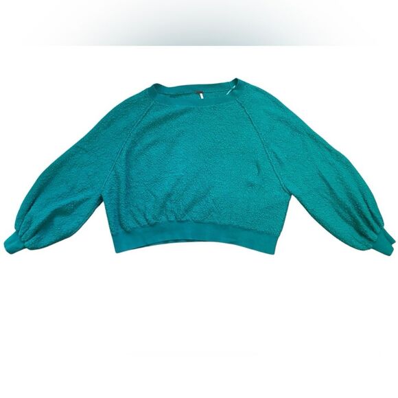 Free People Teal Boucle Cotton Blend Found My Friend Pullover Sweatshirt - Picture 4 of 12